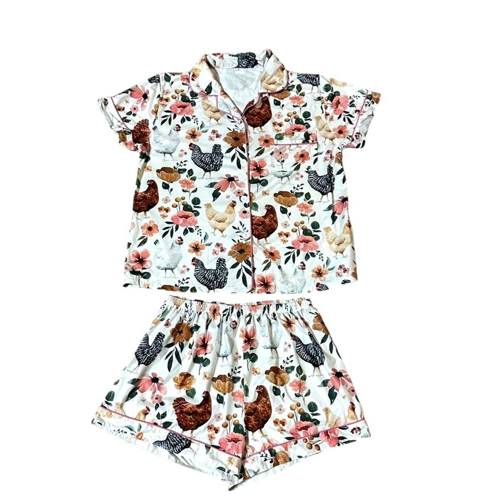 2 piece Farm Cowgirl Chicken hen pj's pajama Shorts & top flowers cute lounge
